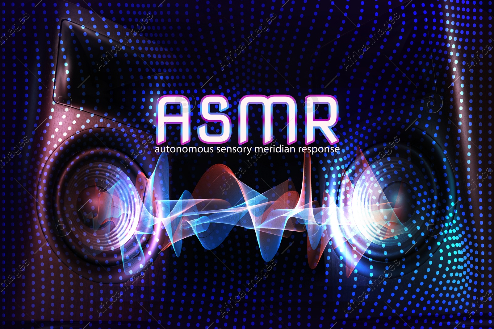 ASMR media (autonomous sensory meridian response). Sound waves between speakers, double exposure with dotted pattern Image of ASMR media (autonomous sensory meridian response). Sound waves between speakers, double exposure with dotted pattern