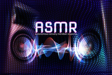 Image of ASMR media (autonomous sensory meridian response). Sound waves between speakers, double exposure with dotted pattern