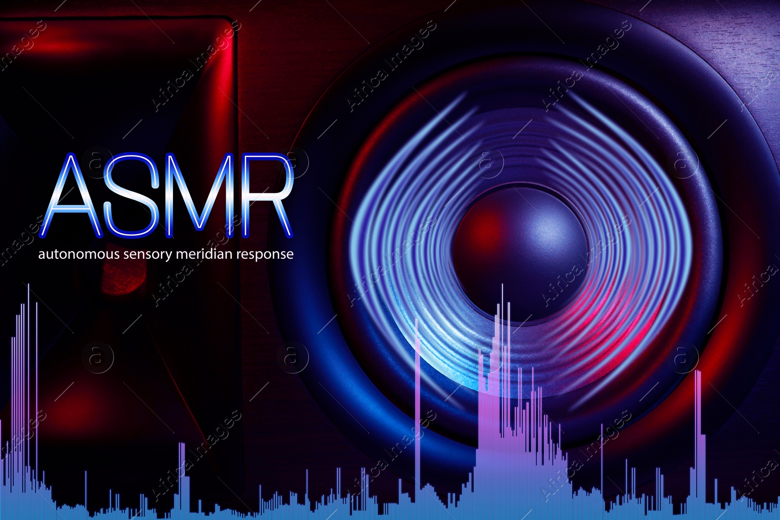 ASMR media (autonomous sensory meridian response). Speaker in neon lights and sound waves Image of ASMR media (autonomous sensory meridian response). Speaker in neon lights and sound waves