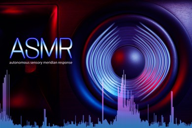 Image of ASMR media (autonomous sensory meridian response). Speaker in neon lights and sound waves