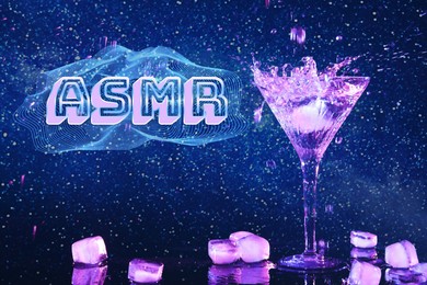 Image of ASMR media (autonomous sensory meridian response). Ice cubes falling into cocktail glass against glittery background