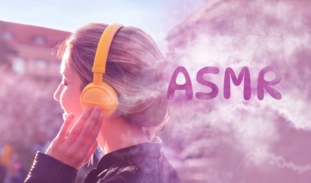 Image of Autonomous sensory meridian response. Woman enjoying ASMR media outdoors. Double exposure with smoke and clouds symbolizing pleasant feelings