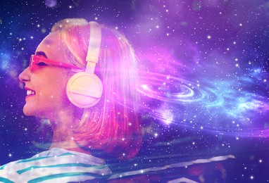 Image of Autonomous sensory meridian response. Woman with headphones enjoying ASMR media. Double exposure with space symbolizing pleasant feelings