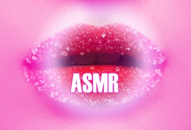 Image of ASMR media (autonomous sensory meridian response). Woman with beautiful plump lips covered in sugar, closeup
