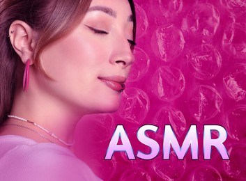 Image of Autonomous sensory meridian response. Woman enjoying ASMR media. Double exposure with bubble wrap