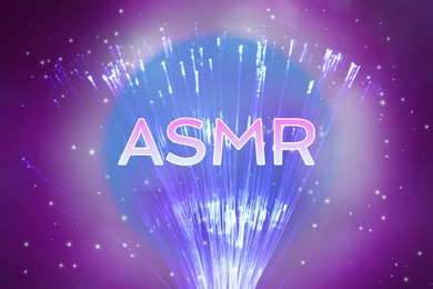 Image of ASMR media (autonomous sensory meridian response). Optical fiber strands and lights on purple gradient background
