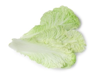 Photo of Leaves of fresh Chinese cabbage isolated on white, top view