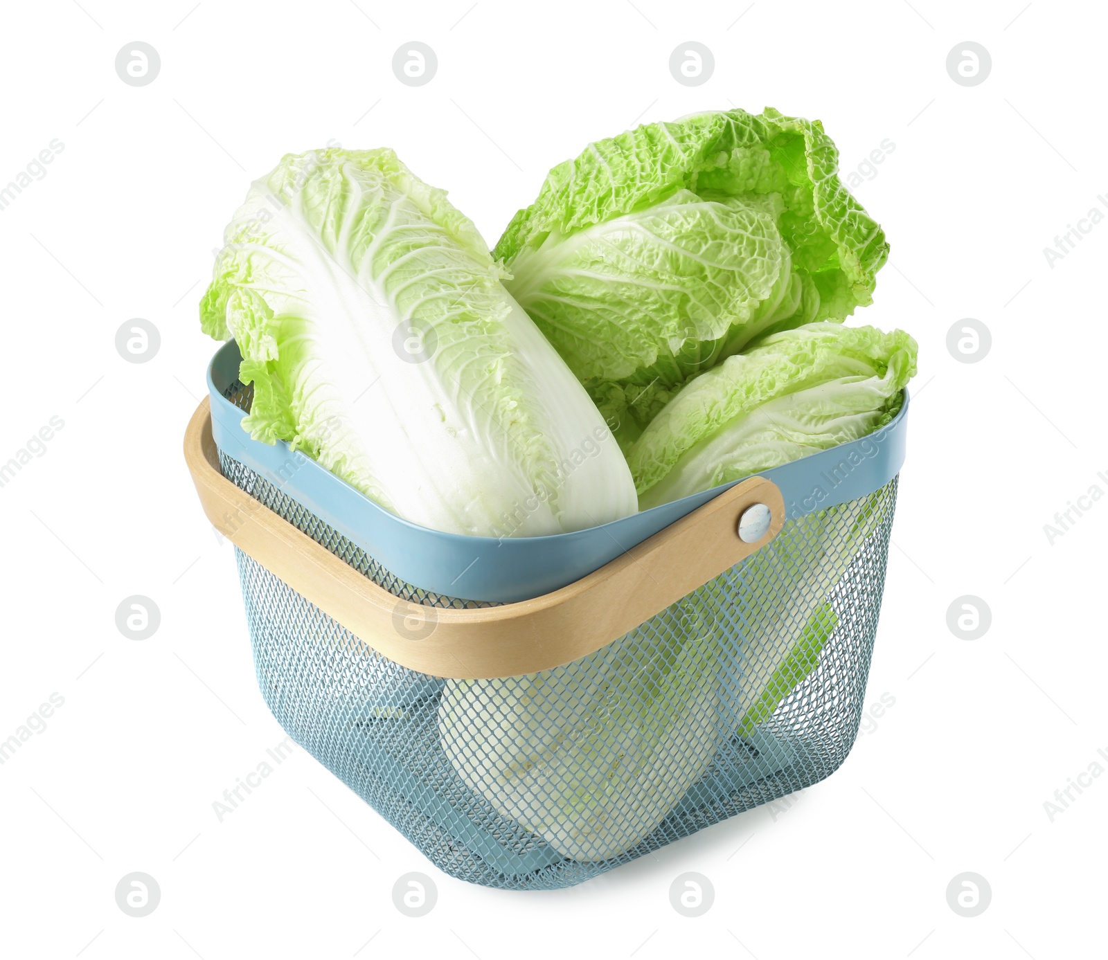 Fresh Chinese cabbages in basket isolated on white Photo of Fresh Chinese cabbages in basket isolated on white