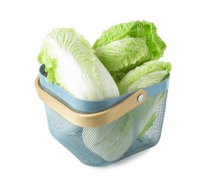 Photo of Fresh Chinese cabbages in basket isolated on white