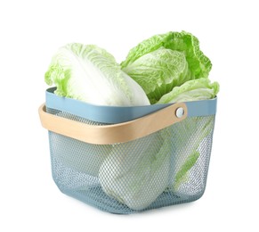 Photo of Fresh Chinese cabbages in basket isolated on white