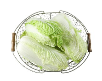 Photo of Many fresh Chinese cabbages in metal basket isolated on white, top view