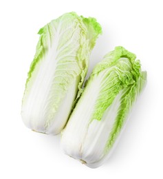 Photo of Two fresh Chinese cabbages isolated on white, top view