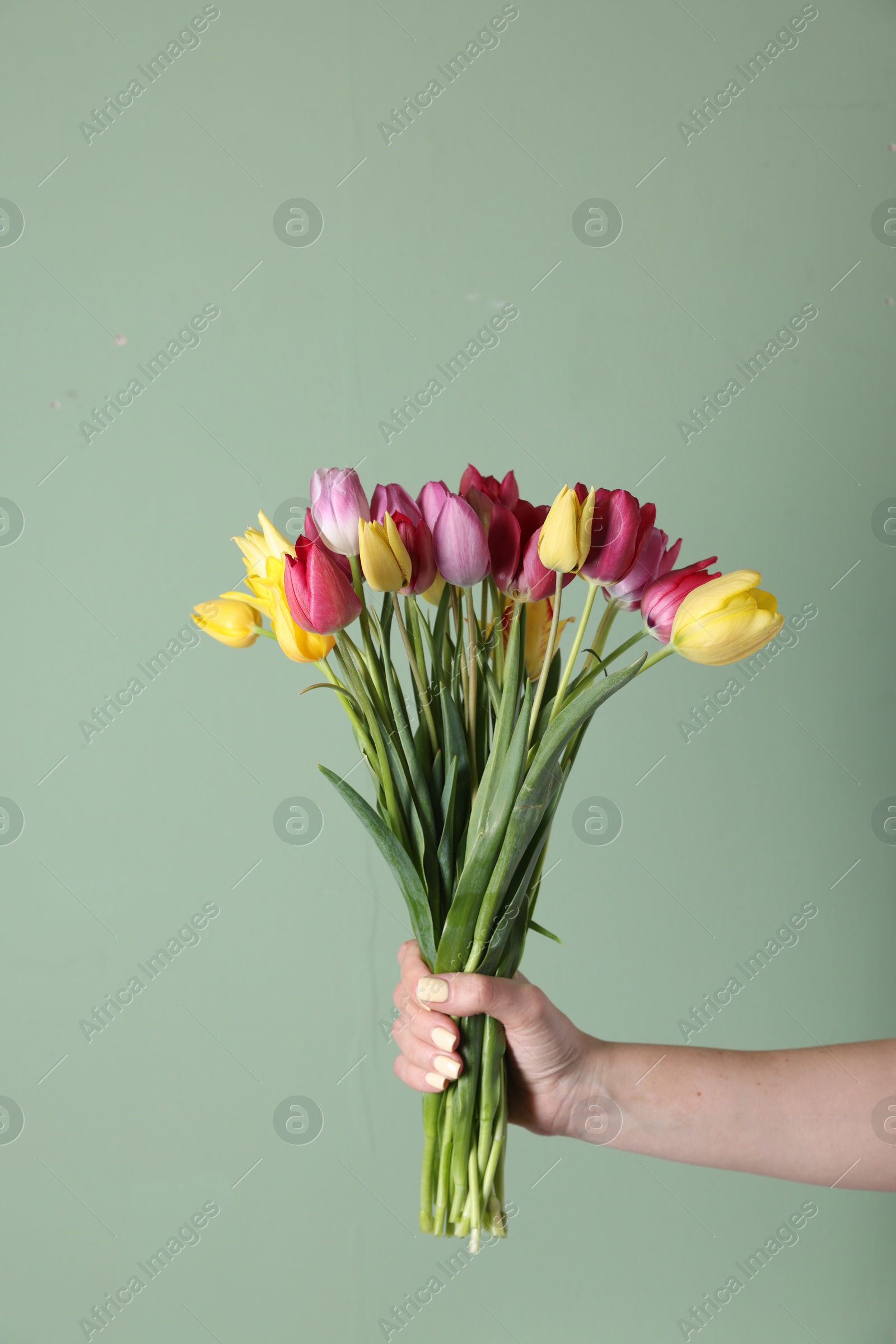 Photo of Woman with bouquet of beautiful tulips on green background, closeup