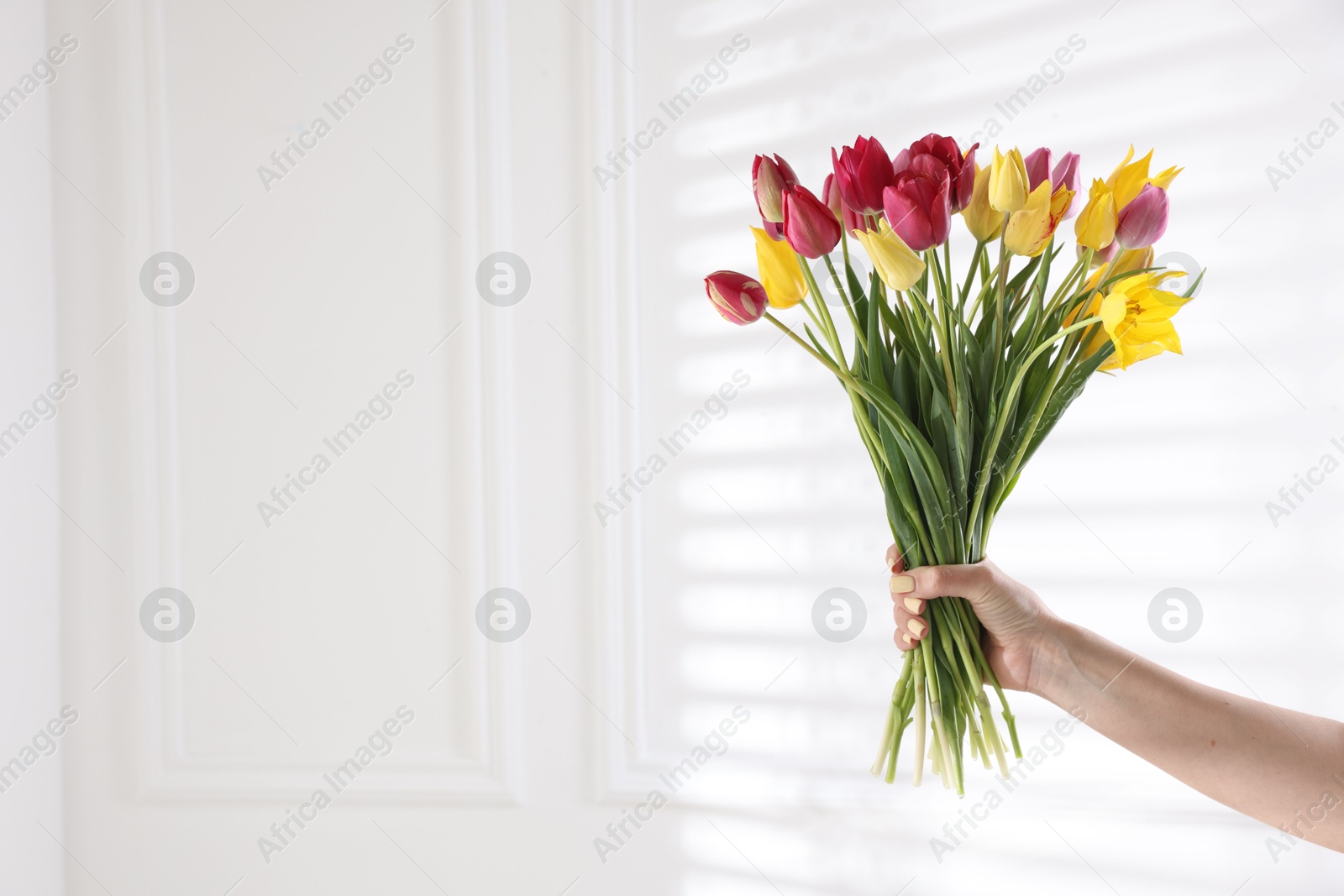 Photo of Woman with bouquet of beautiful tulips near white wall, closeup. Space for text
