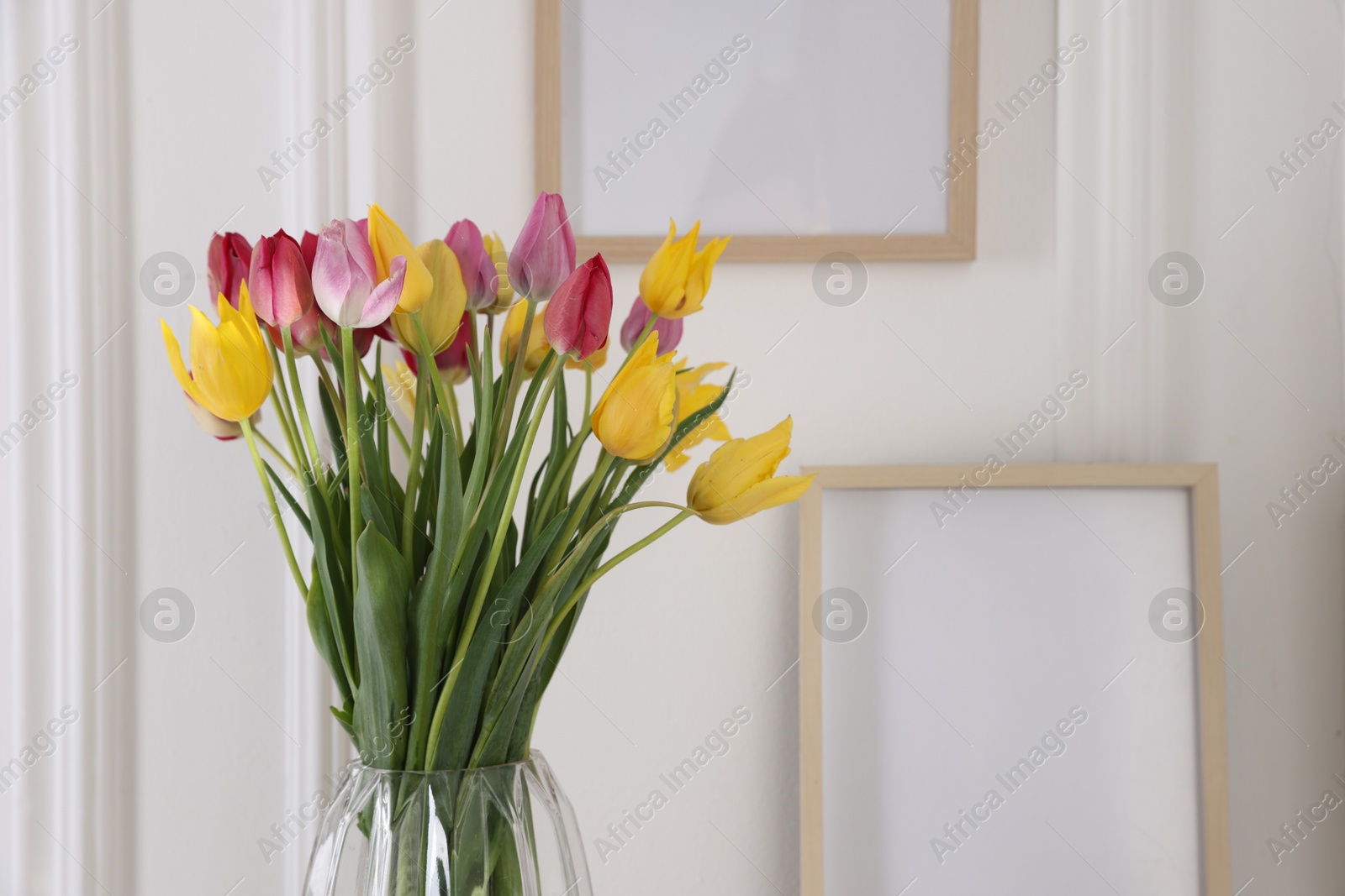 Photo of Beautiful colorful tulips and frames near white wall, closeup