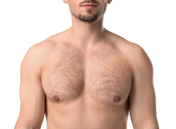 Photo of Young man with hairy chest on white background, closeup. Epilation procedure