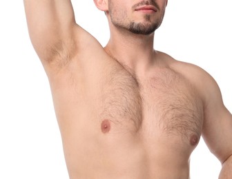 Photo of Young man showing hairy armpit on white background, closeup. Epilation procedure