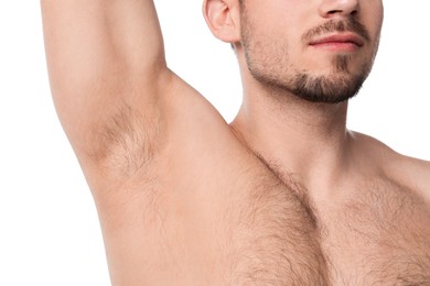 Photo of Young man showing hairy armpit on white background, closeup. Epilation procedure