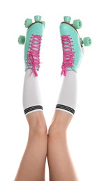 Photo of Woman in roller skates on white background, closeup