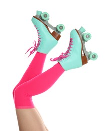 Photo of Woman in roller skates on white background, closeup