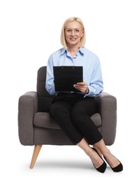 Photo of Professional psychologist with clipboard in armchair on white background