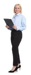 Photo of Professional psychologist with clipboard on white background