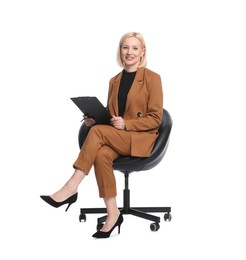 Photo of Professional psychologist with clipboard in office chair on white background