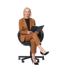 Photo of Professional psychologist with notebook in office chair on white background