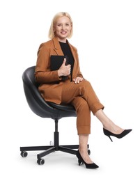 Photo of Professional psychologist with notebook in office chair on white background