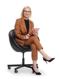 Photo of Professional psychologist with tablet in office chair on white background