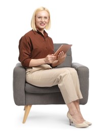 Photo of Professional psychologist with tablet in armchair on white background