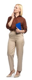 Photo of Professional psychologist with notebook on white background
