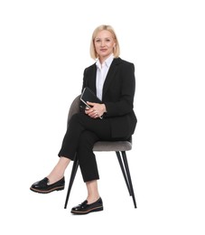 Photo of Professional psychologist with notebook on chair against white background