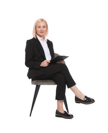 Photo of Professional psychologist with notebook on chair against white background