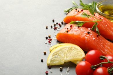 Photo of Seafood. Pieces of salmon fillet, spices, lemon slices and oil on gray table, closeup, Space for text