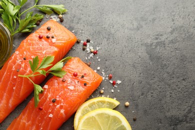 Photo of Seafood. Pieces of salmon fillet, lemon slices and spices on gray textured table, flat lay. Space for text