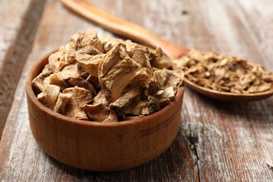 Photo of Pieces of dry chicory roots in bowl and spoon on wooden table, closeup