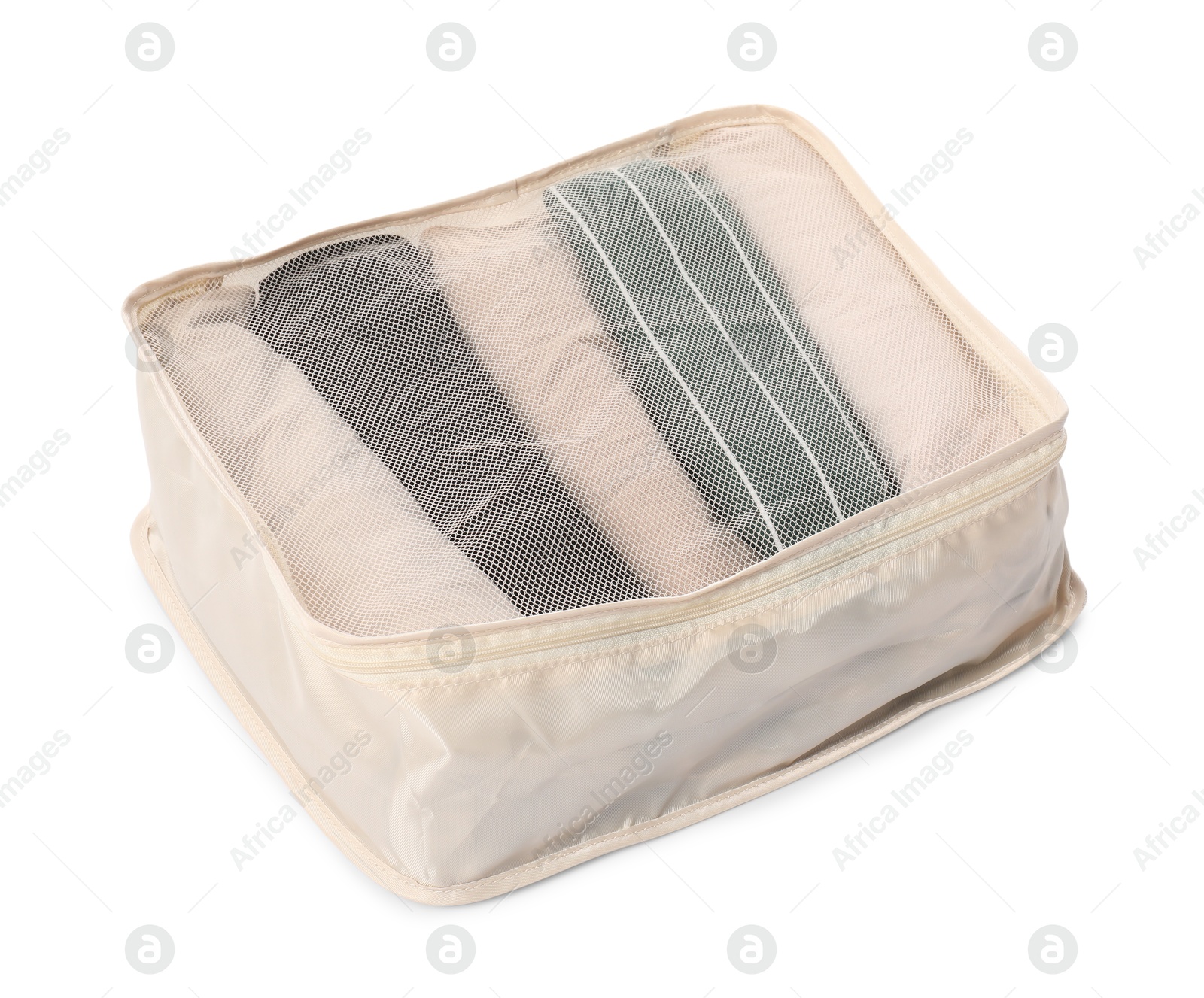 One packing cube with folded clothes isolated on white Photo of One packing cube with folded clothes isolated on white