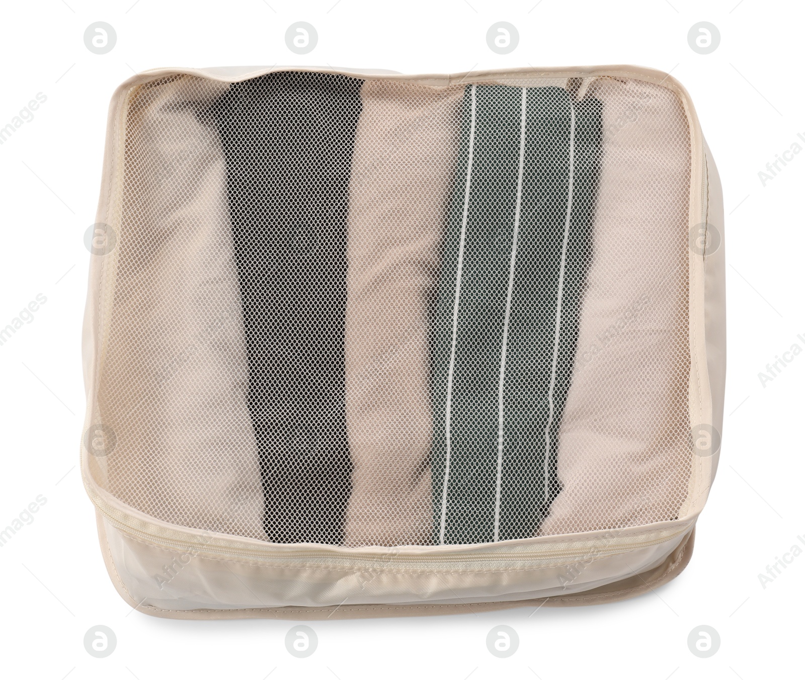 One packing cube with folded clothes isolated on white Photo of One packing cube with folded clothes isolated on white