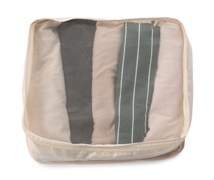 Photo of One packing cube with folded clothes isolated on white