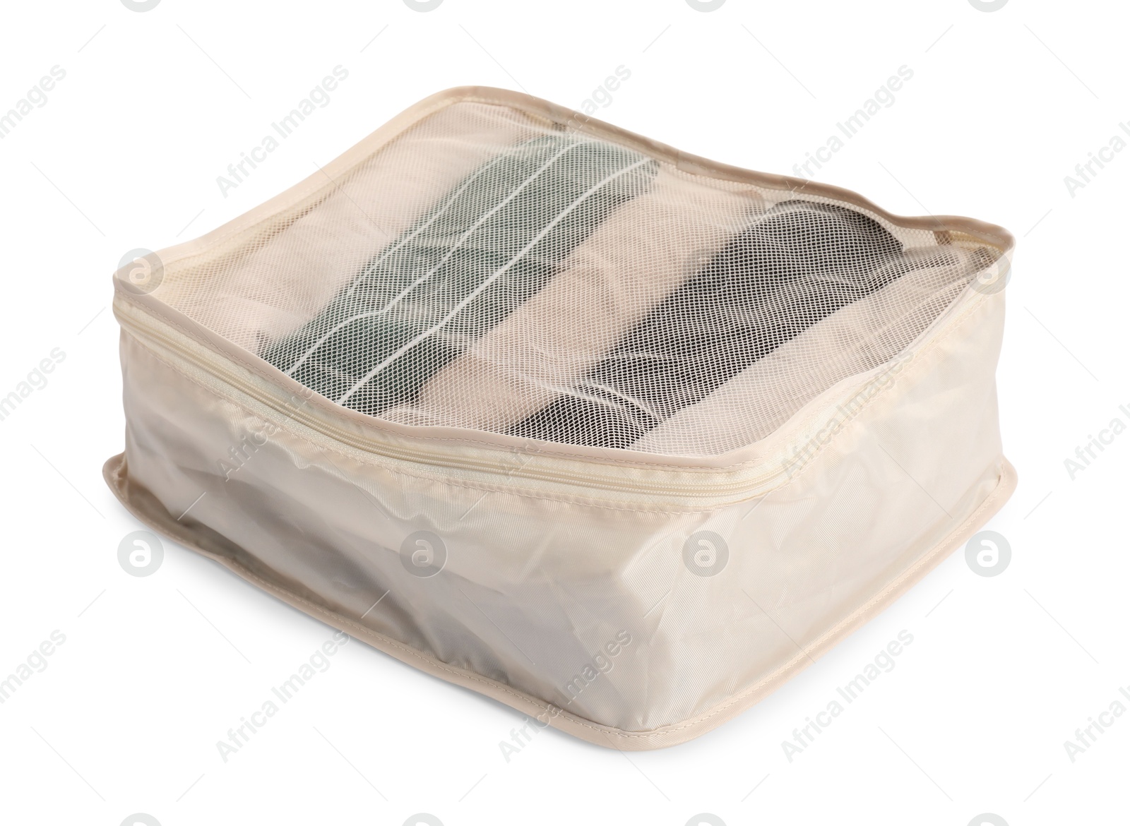 One packing cube with folded clothes isolated on white Photo of One packing cube with folded clothes isolated on white