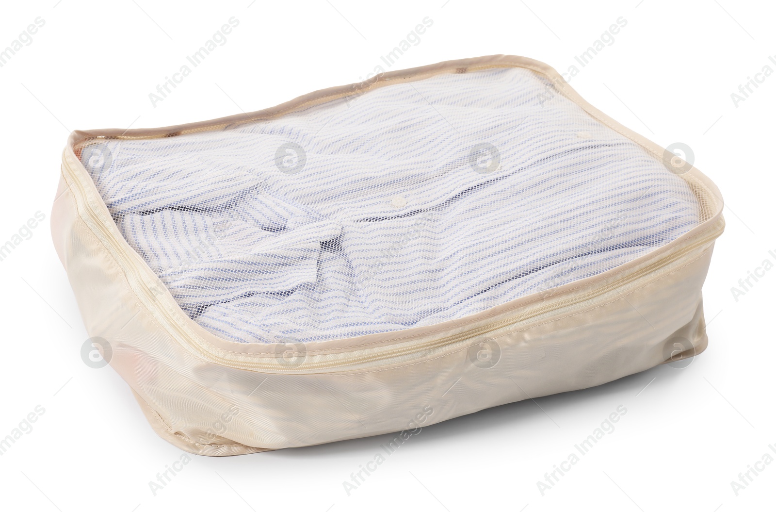 One packing cube with folded clothes isolated on white Photo of One packing cube with folded clothes isolated on white