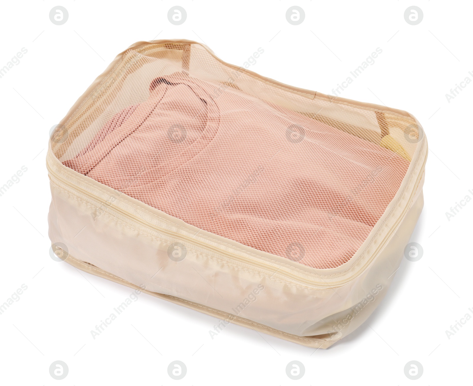 One packing cube with folded clothes isolated on white Photo of One packing cube with folded clothes isolated on white