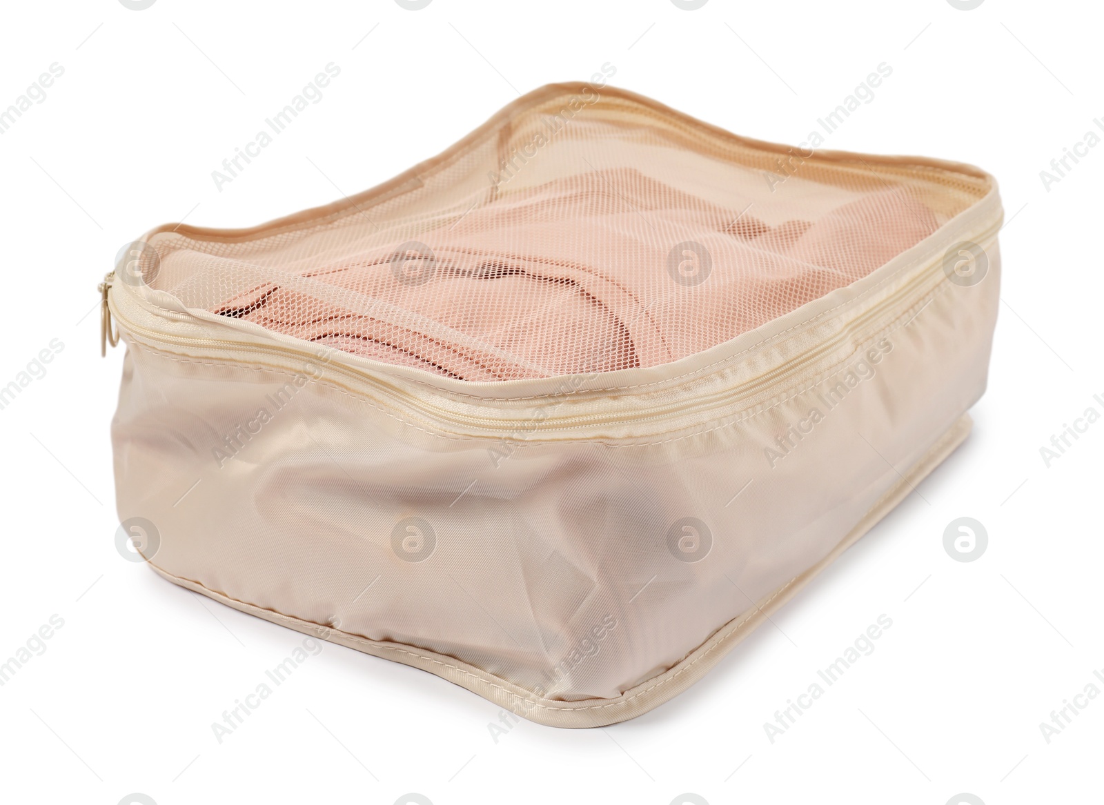 One packing cube with folded clothes isolated on white Photo of One packing cube with folded clothes isolated on white