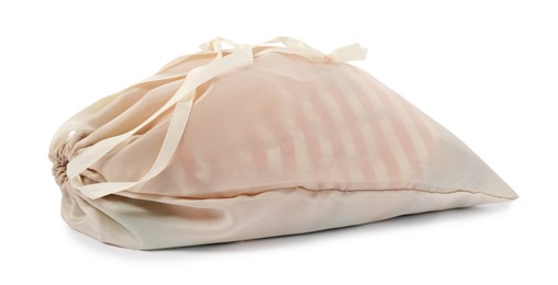 Photo of One beige packing bag isolated on white
