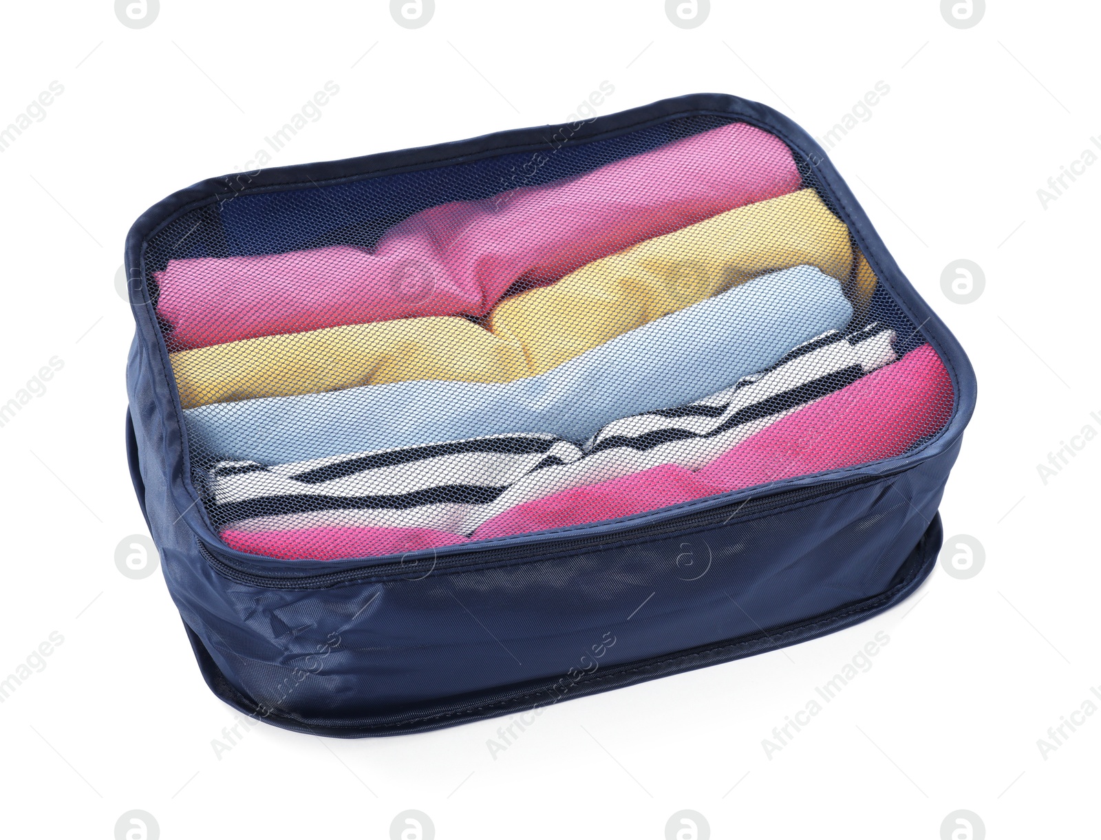 One packing cube with folded clothes isolated on white Photo of One packing cube with folded clothes isolated on white