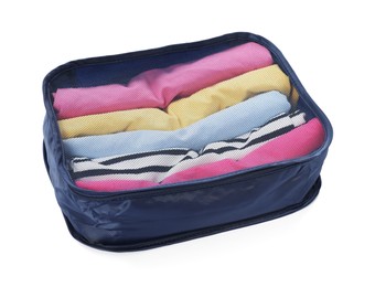 Photo of One packing cube with folded clothes isolated on white