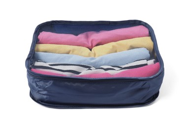 Photo of One packing cube with folded clothes isolated on white