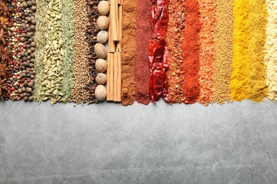 Photo of Many different spices on grey table, flat lay. Space for text