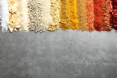 Photo of Many different spices on grey table, flat lay. Space for text